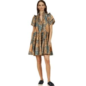 NWOT Hunter Bell Merritt Shift Dress Womens Large Blue Tan Short Sleeve V-Neck